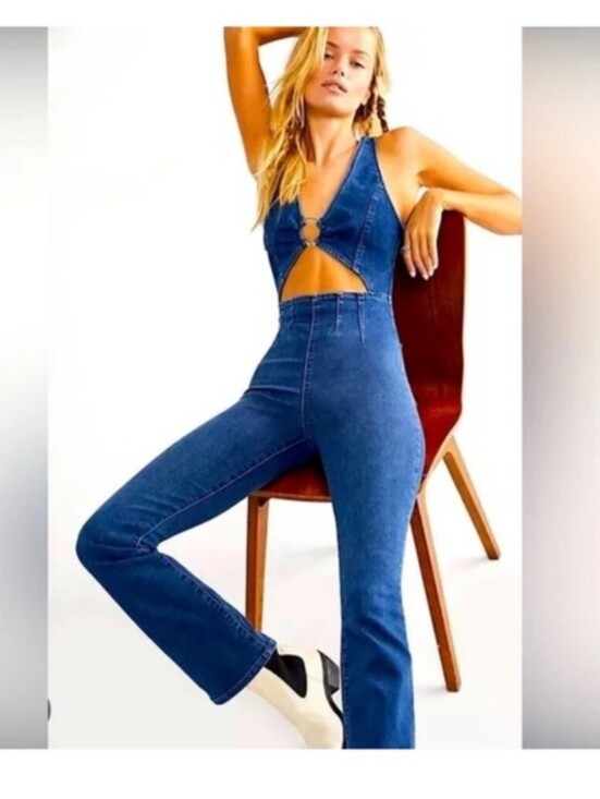 We The Free Pants - NWT We The Free Denim Cutout Jumpsuit Medium Open Back Blue Jean One Piece Wide